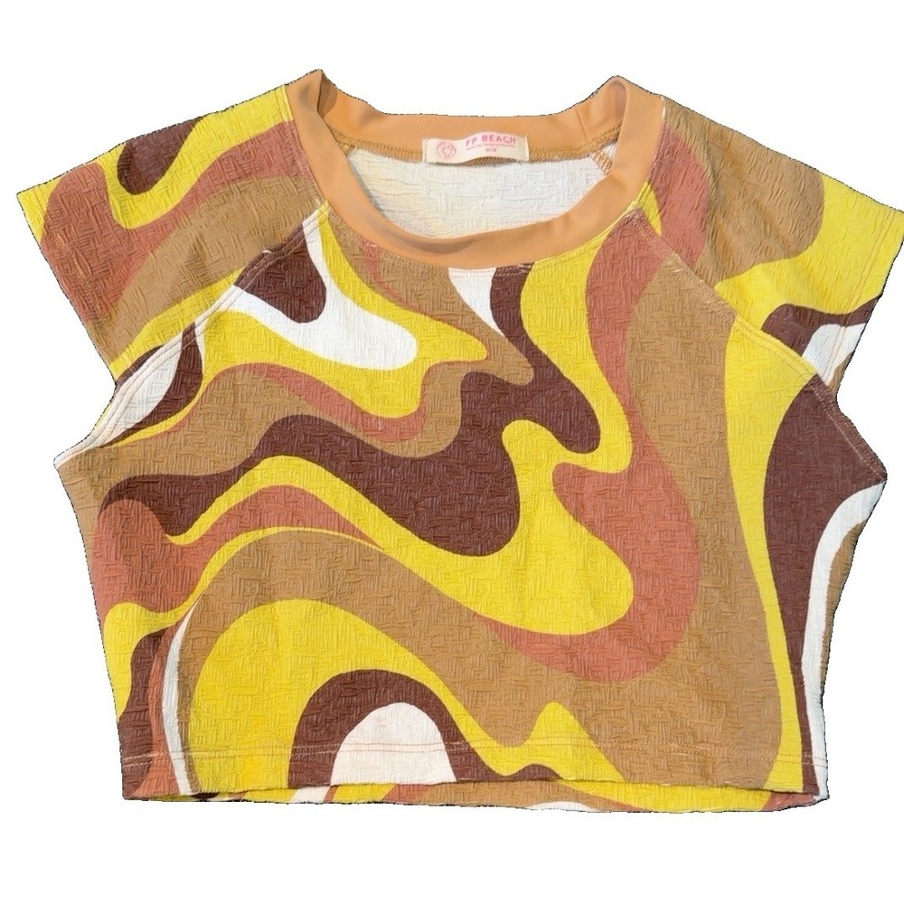 FP Beach Womens Cropped Abstract Knit Pullover Top Round Neck Multicolor M